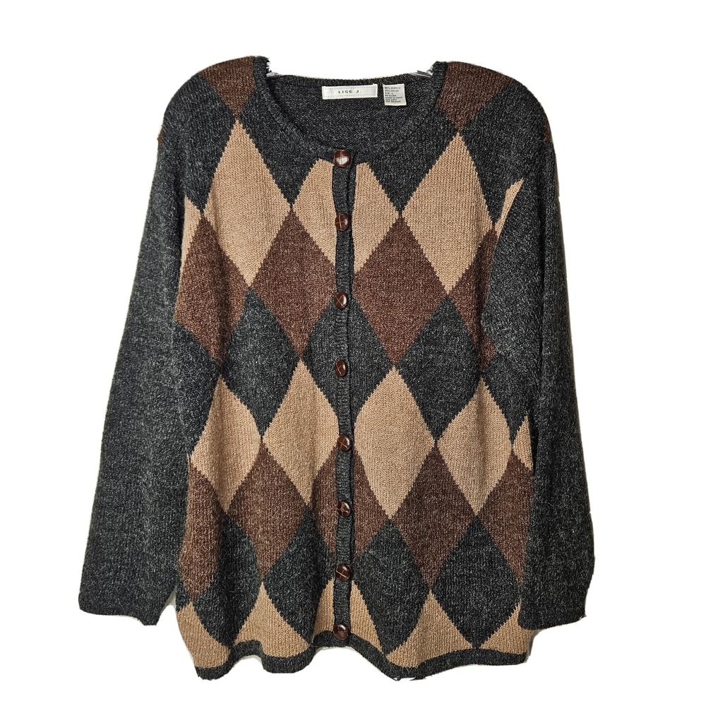 Lise J Women Grey Brown Argyle Button Front Knit Cardigan Sweater Size L Vintage